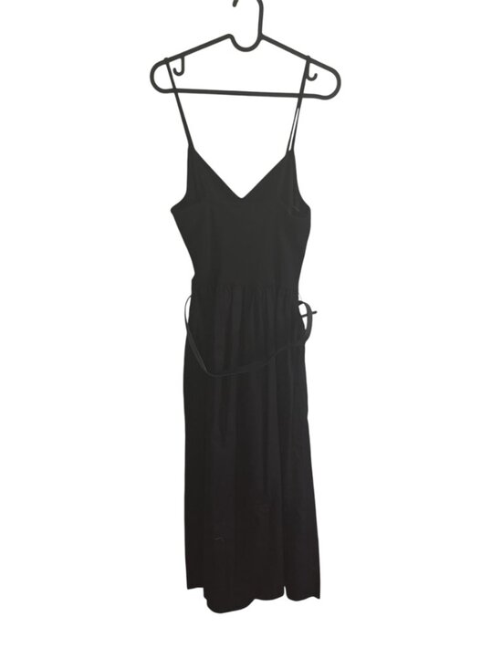 Zara Black Belted Midi Dress Large V-Neck Spaghetti Strap Organic Cotton NWT - Picture 8 of 10
